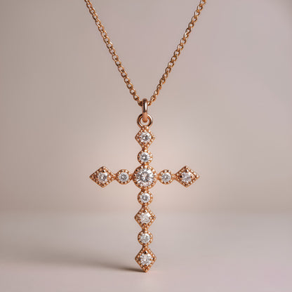 DAINTY ART DECO ROSE GOLD CLEAR CZ CROSS PENDANT