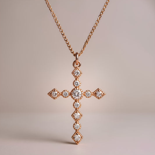 DAINTY ART DECO ROSE GOLD CLEAR CZ CROSS PENDANT