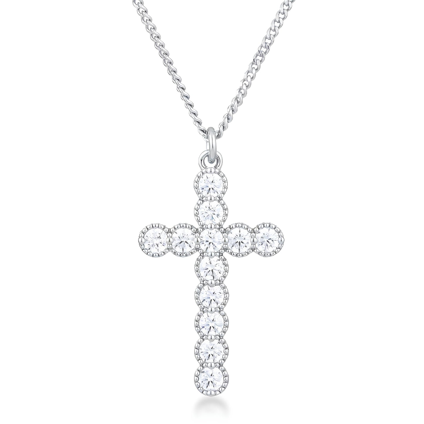 MICRO BEADED RHODIUM CLEAR CZ CROSS PENDANT
