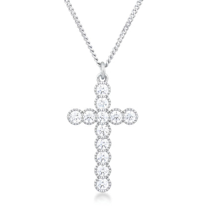 MICRO BEADED RHODIUM CLEAR CZ CROSS PENDANT