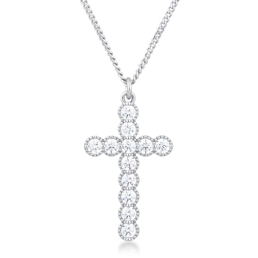 MICRO BEADED RHODIUM CLEAR CZ CROSS PENDANT