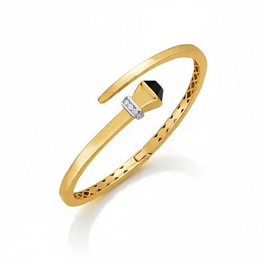 14K YELLOW GOLD CROSSOVER STYLE HINGED BANGLE BRACELET WITH ONYX AND DIAMONDS (3.40 MM)
